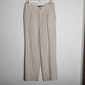 Banana Republic 100% Linen High Rise Pleated Wide Leg Trouser 8 Striped Beige